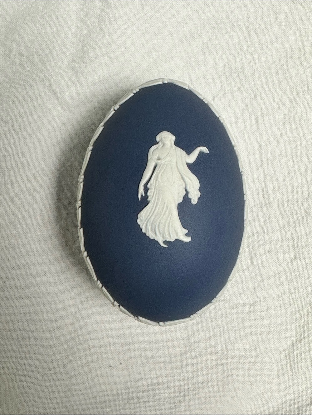 VTG Wedgwood Blue Jasperware Egg Trinket Box -White Relief Dancing Hours Goddess